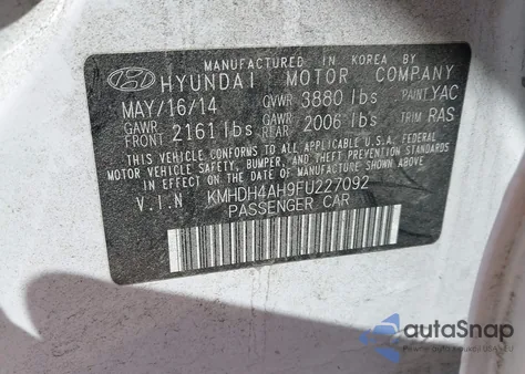 2015 Hyundai Elantra Sport z USA, uszkodzony, nr VIN KMHDH4AH9FU227092